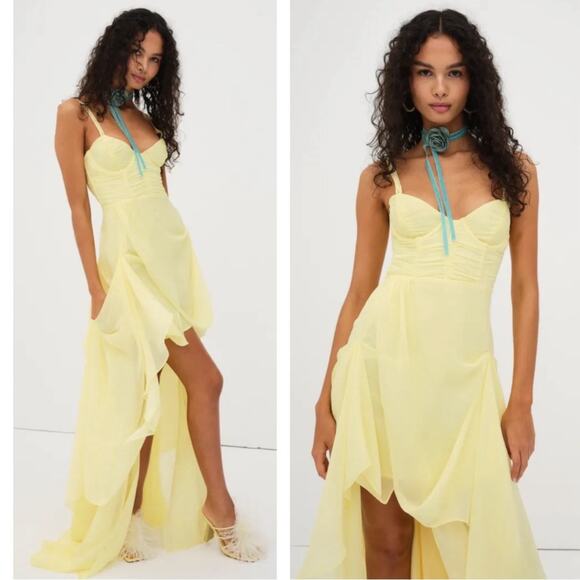 For Love & Lemons June Ruched Draped Tiered High Low Yellow Maxi Dress Sz Small - Picture 1 of 9